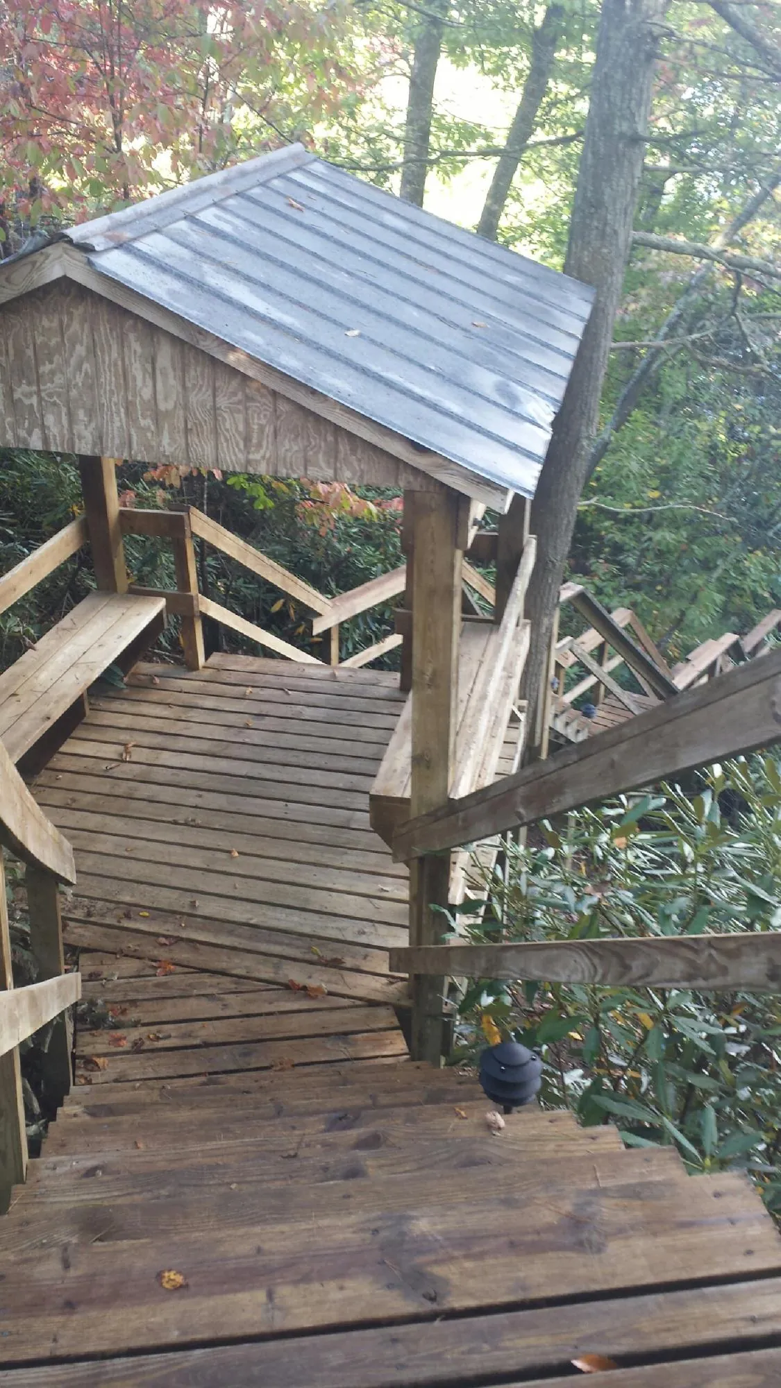 Metal roofed shelter over wooden steps on a wooded walkway — Skylight Repair & Installation work by our crew in Medicine Lodge